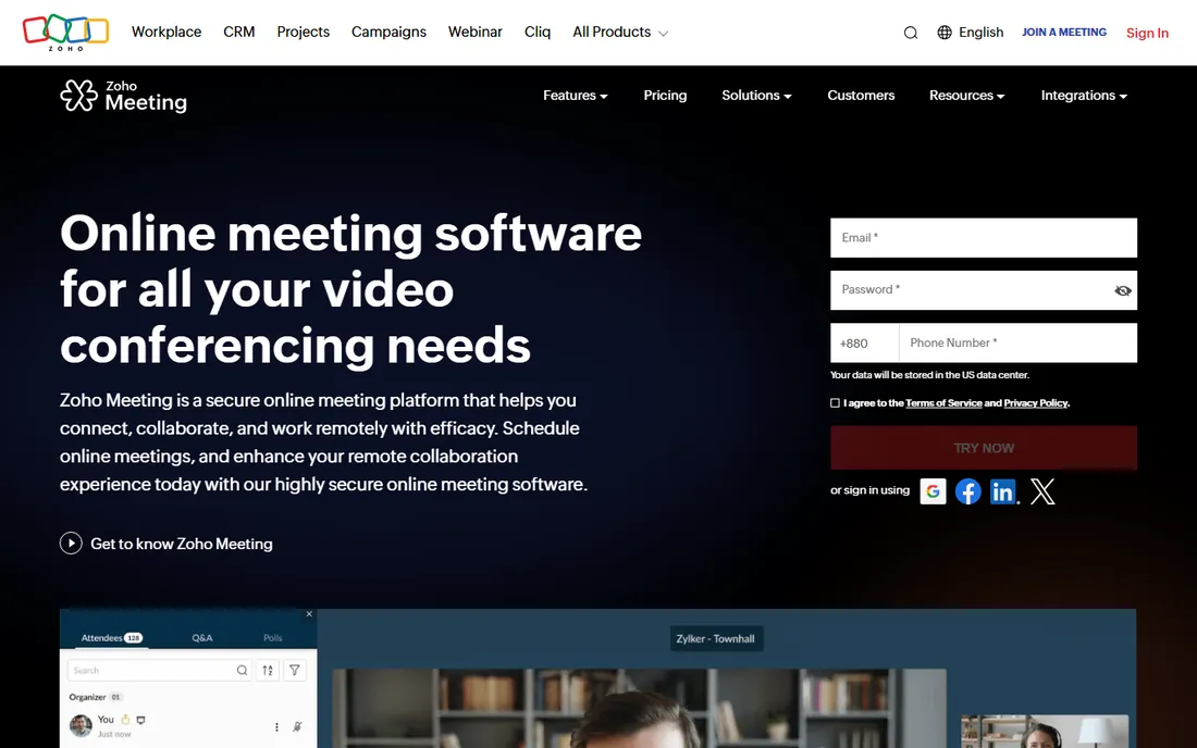 Zoho Meeting homepage