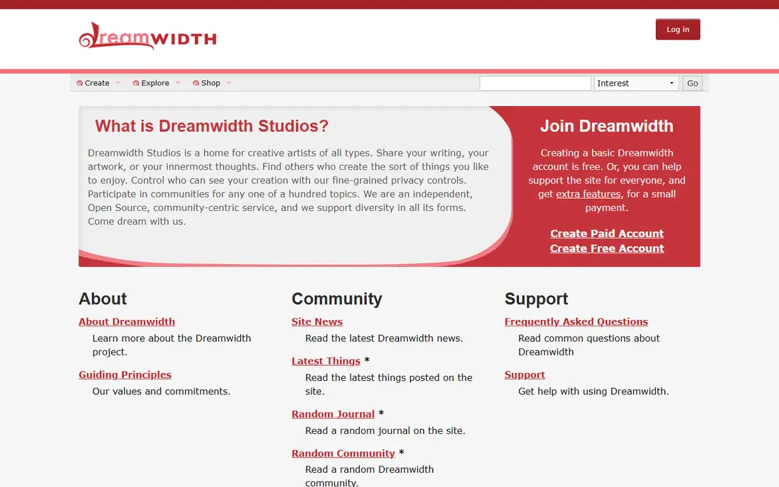 Dreamwidth homepage