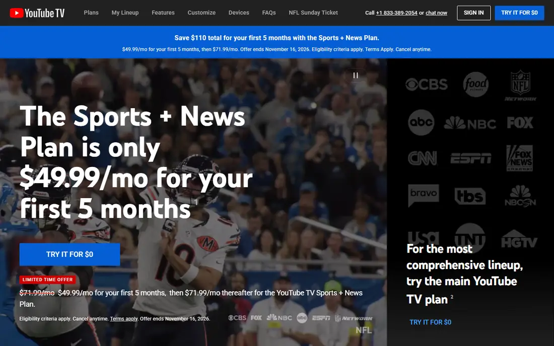 YouTube TV homepage