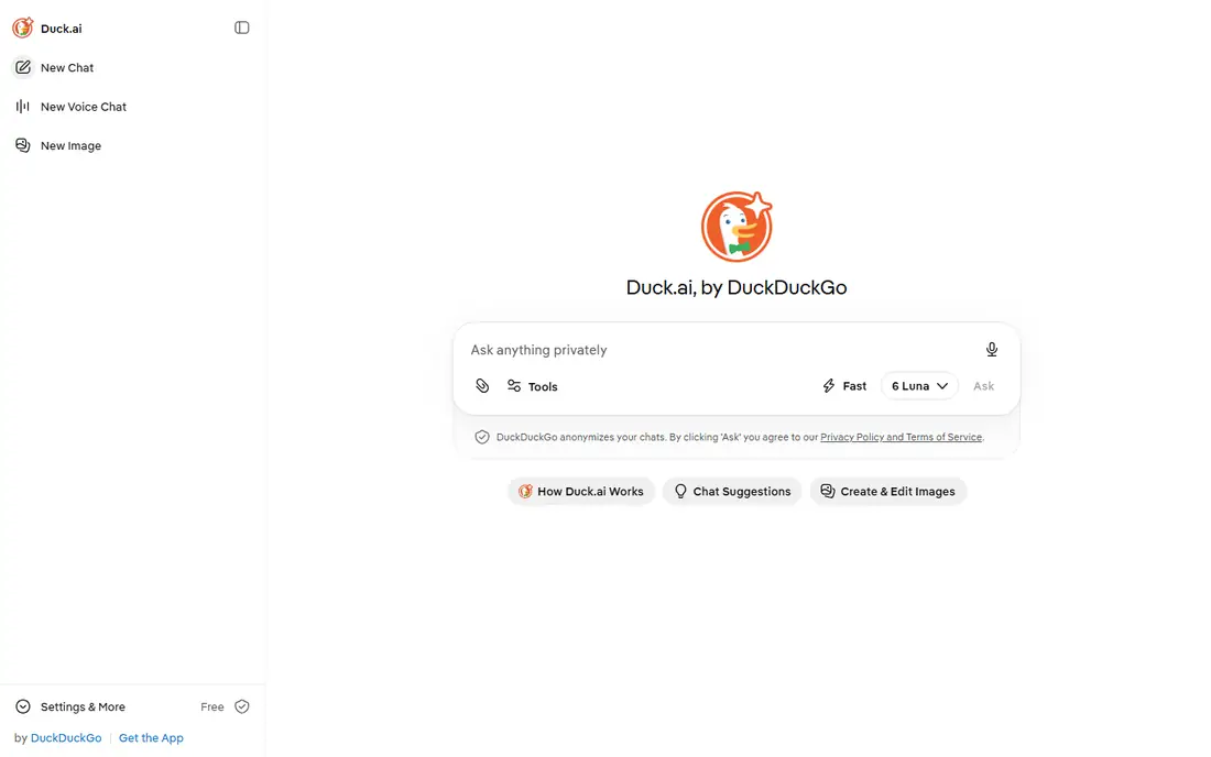 Duck.ai homepage