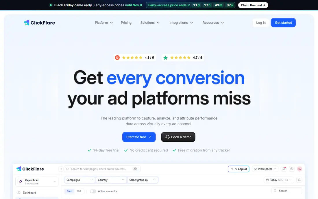 ClickFlare homepage