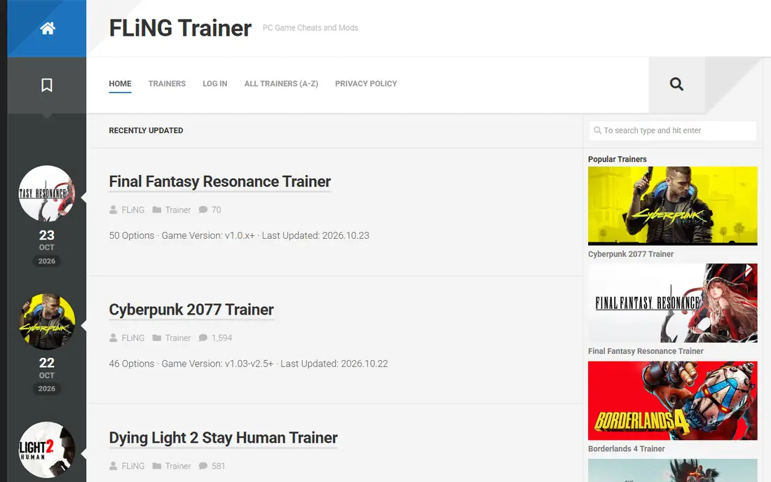 FLiNG Trainer homepage