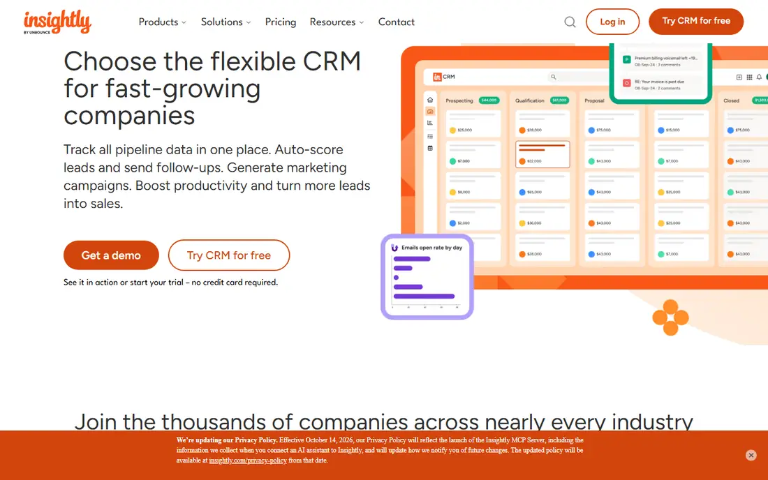 Insightly CRM homepage