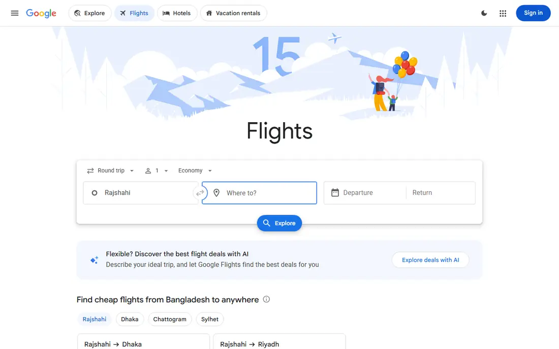 Google Flights homepage