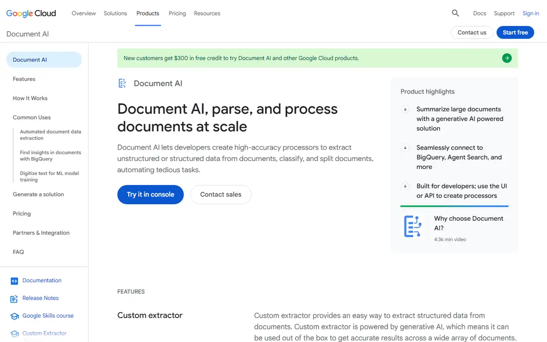 Google Document AI homepage