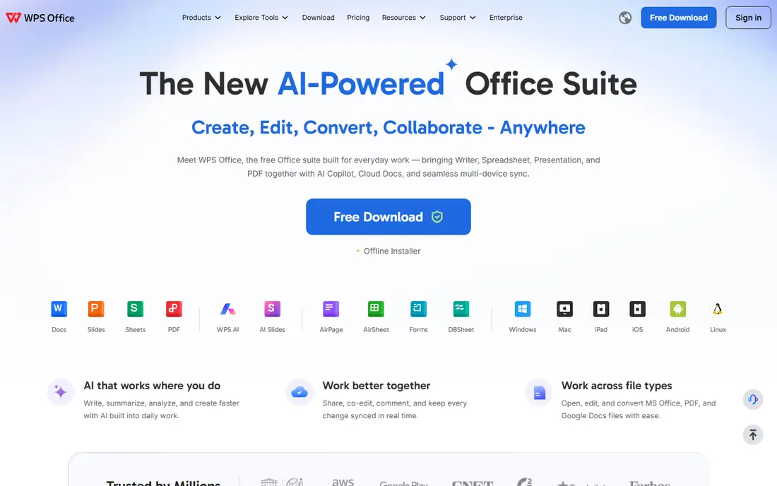 WPS Office Writer homepage