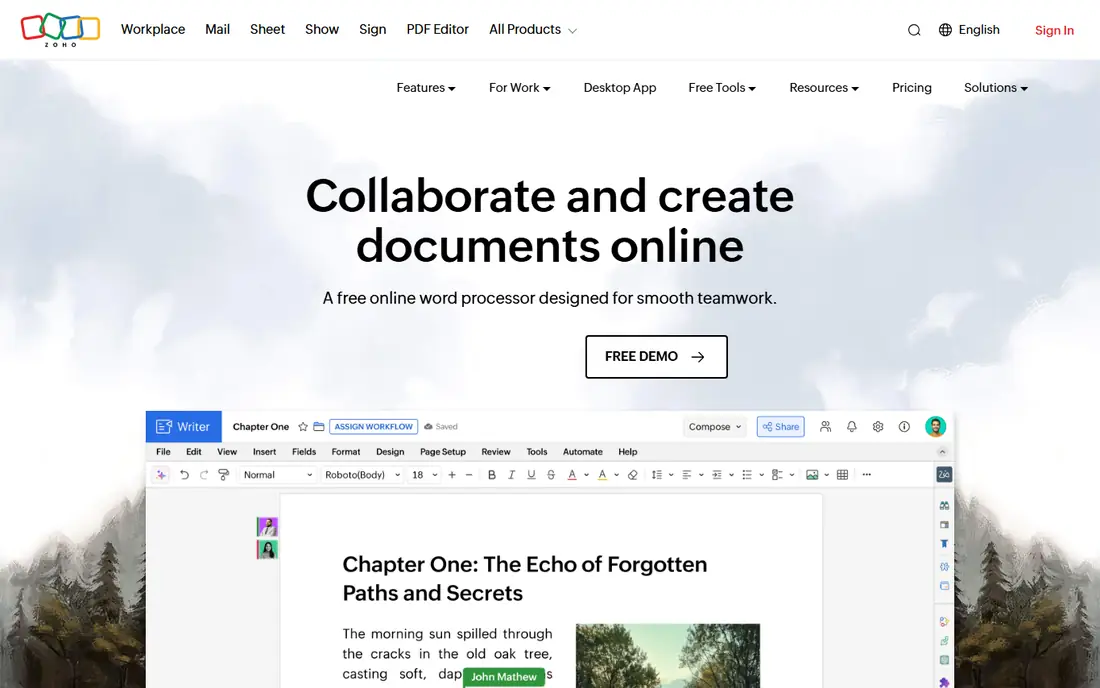 Zoho Writer homepage