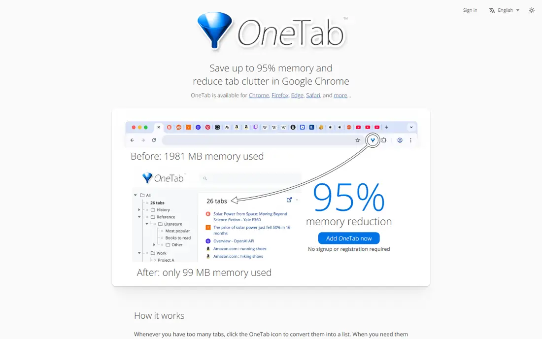 OneTab homepage