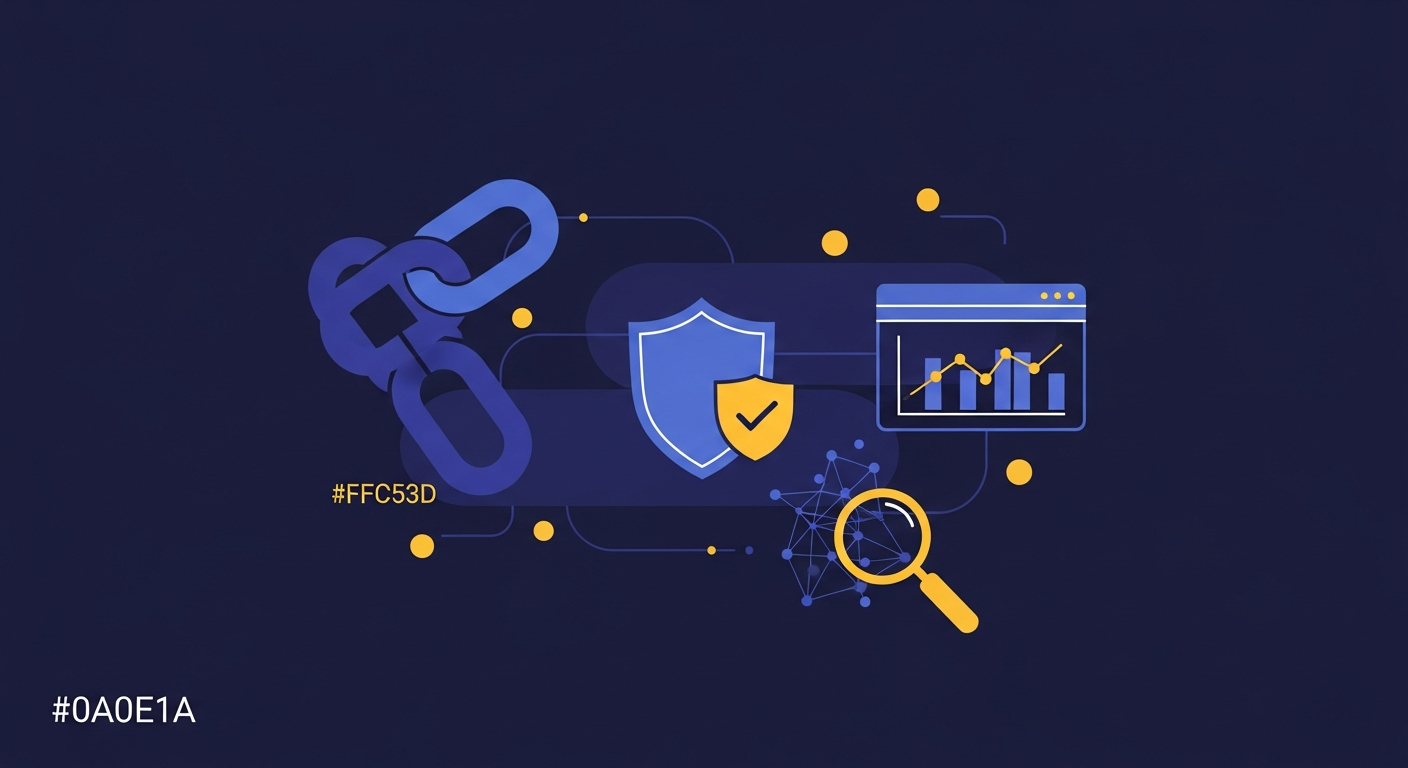 Backlinks management illustration with link chains, shield, and monitoring dashboard