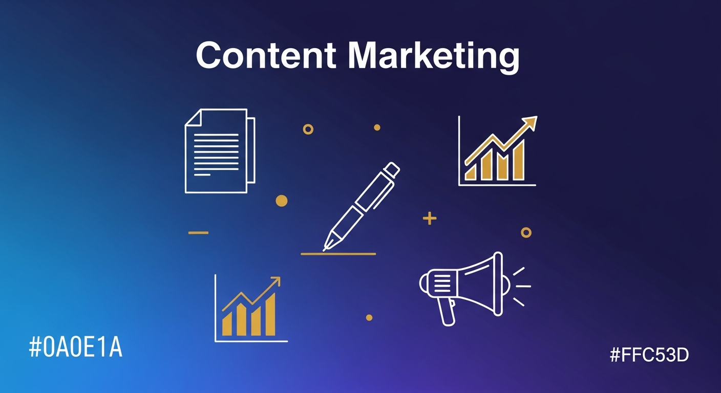 Content marketing services illustration with article, pen, and growth chart