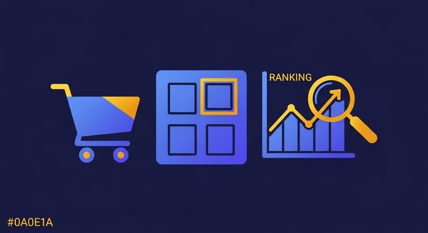 Ecommerce SEO services illustration with shopping cart and ranking chart
