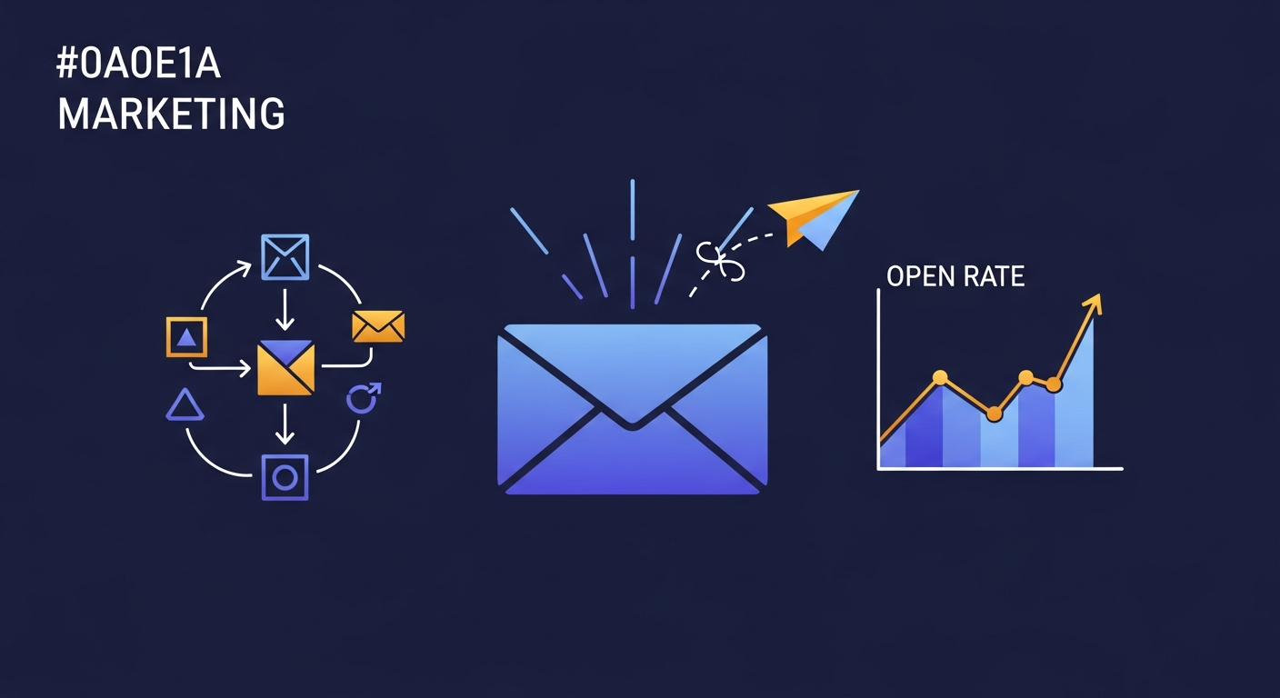 Email marketing agency illustration with envelope, automation flow, and open-rate chart