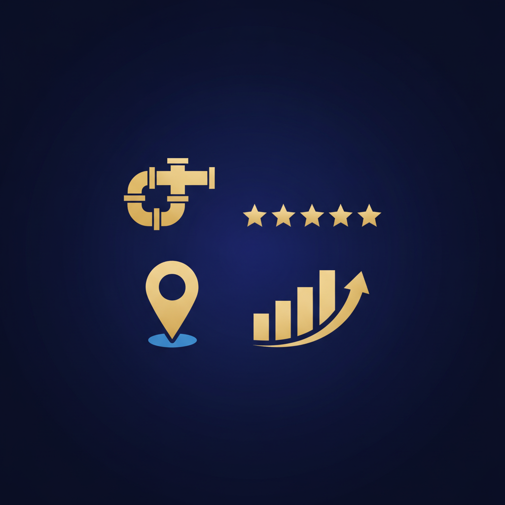 Local SEO for plumbers illustration showing a map pin, review stars, and a rising ranking chart
