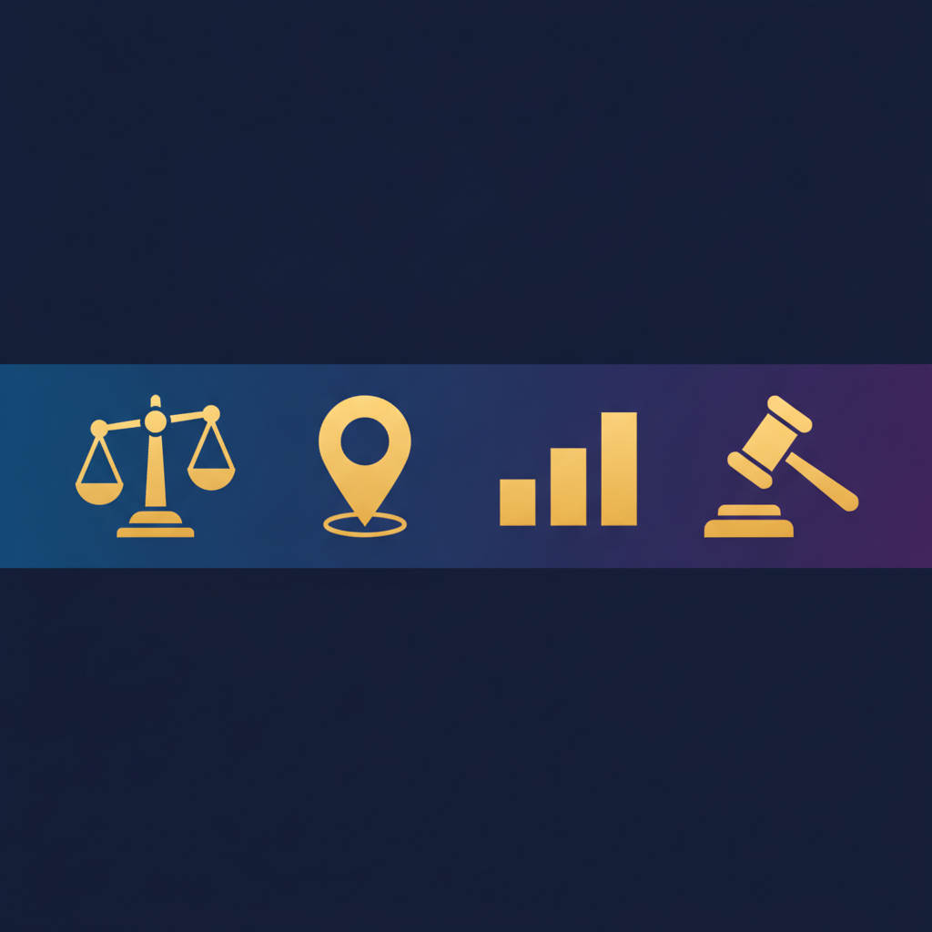 SEO for family law illustration with scales of justice, a map pin, and a ranking chart