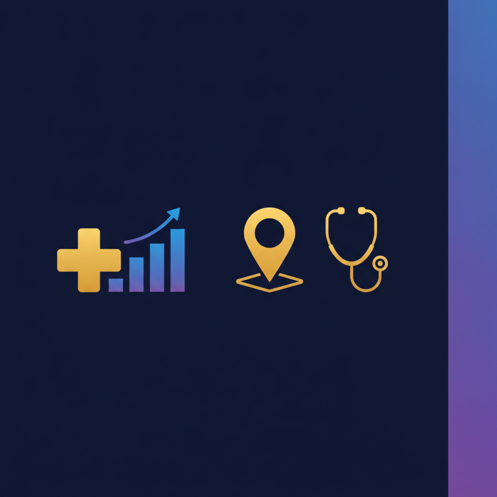 SEO for healthcare illustration showing a medical cross, a ranking chart, and a map pin