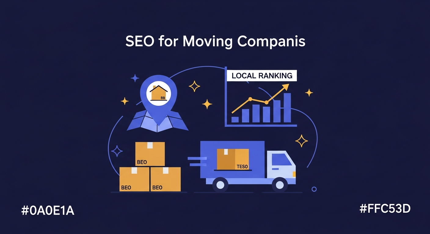 SEO for moving companies illustration with moving truck, boxes, and map pin
