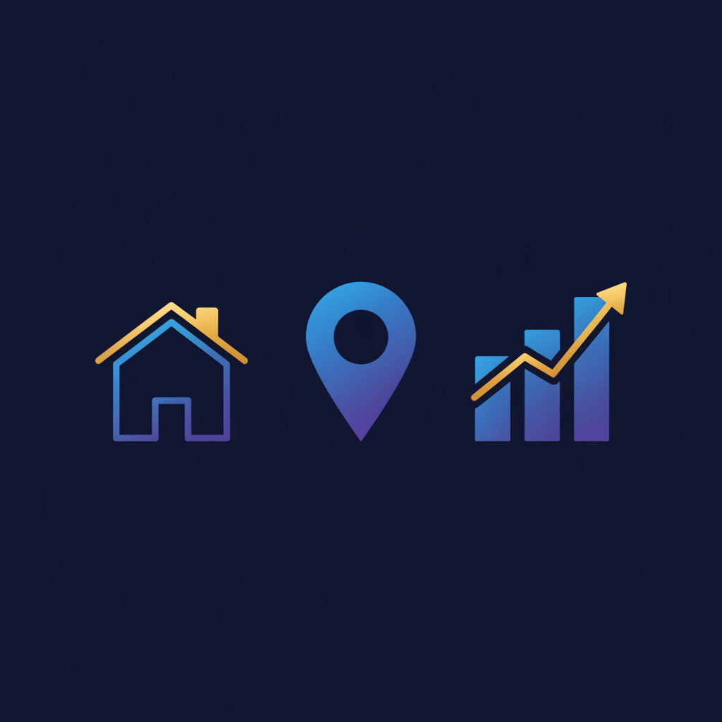 SEO for real estate illustration showing a house, map pin, and rising ranking chart