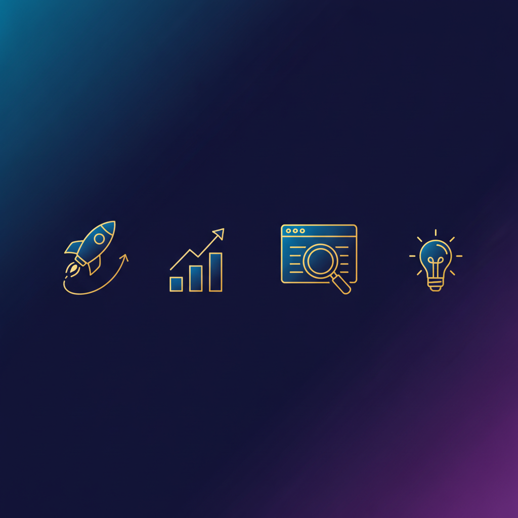 SEO for startups illustration with a rocket, a ranking chart, and a magnifying glass