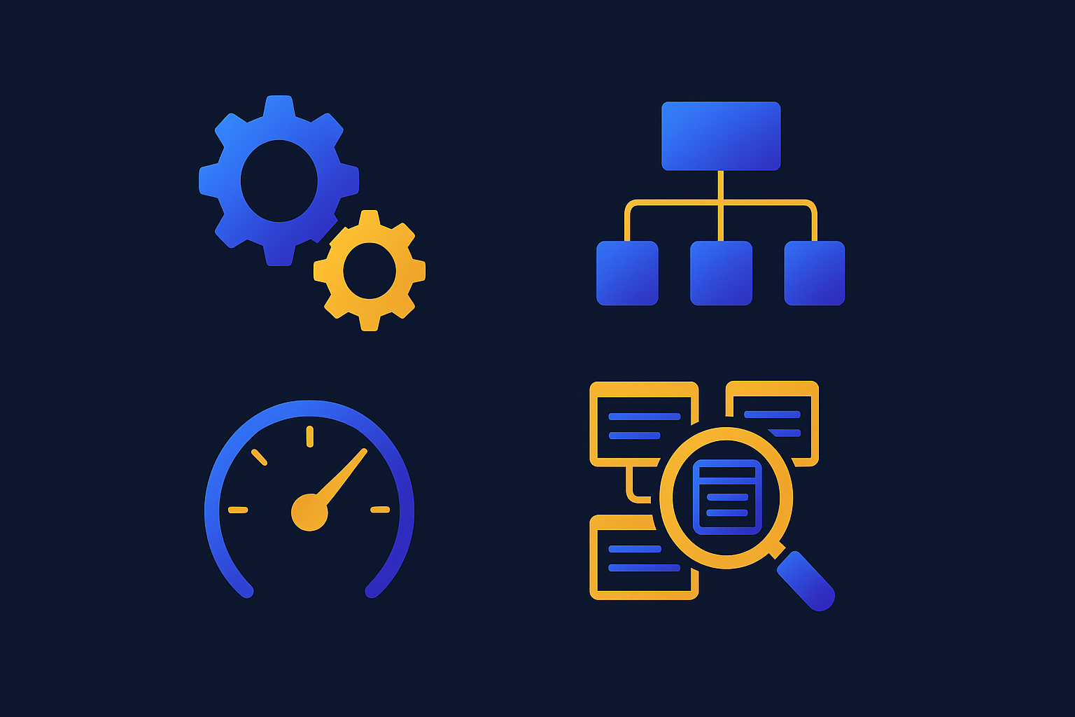 Technical SEO consultant illustration showing gears, site architecture nodes, and a performance speedometer