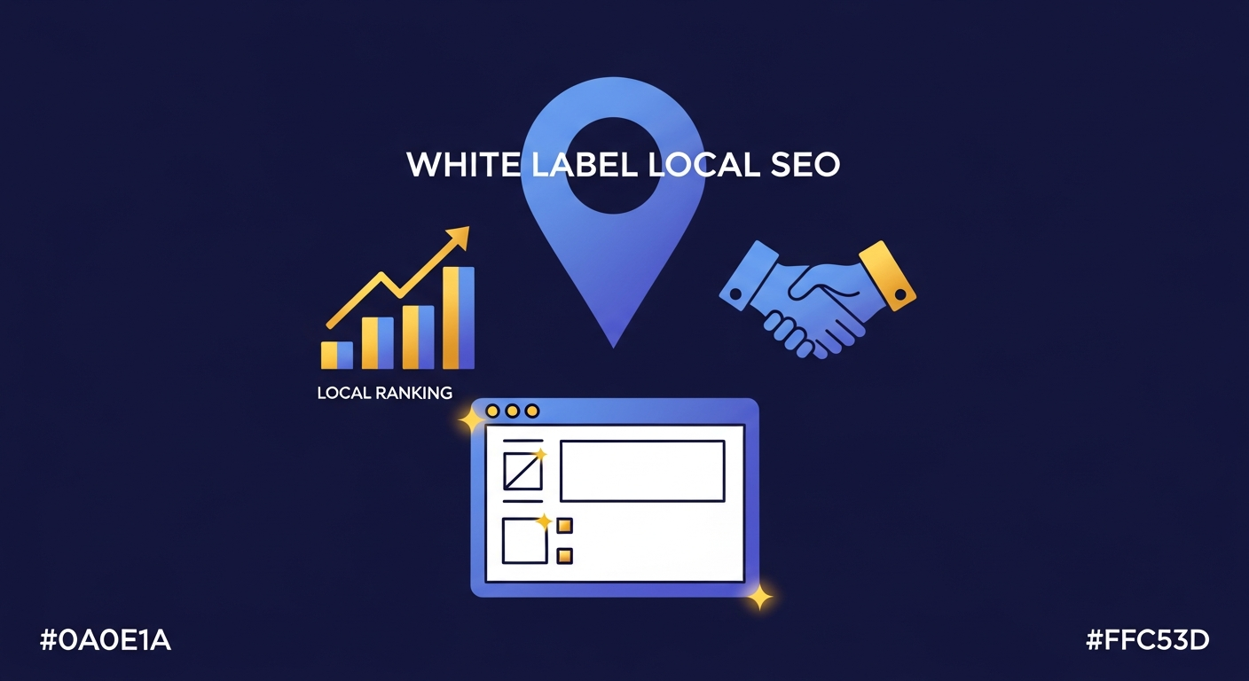 White label local SEO illustration with map pin, handshake, and dashboard